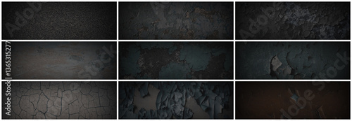 Obraz na płótnie Set of dark panoramic background textures. Collection of wide textures with peeling paint, cracks, rust, scratches, noise and grain. Rough surfaces of old walls. Bundle of backgrounds for design. w salonie