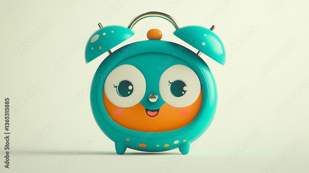 Fototapeta premium Cute teal alarm clock with big eyes