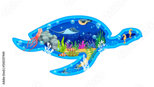 Paper cut turtle silhouette with underwater landscape and fishes, vector background. Ocean undersea or sea underwater with paper cut turtle with stingray or manta ray and cartoon seahorses in seaweeds
