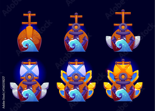Nautical marine game rank badge, naval level medal progression icons. Cartoon vector ship upgrade stages. Wooden vessel evolves with added anchors, sails, shields and glowing silver or golden elements