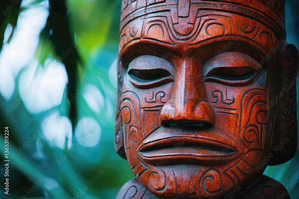 Close-up of a detailed, intricately carved wooden tiki mask with a solemn expression, set against a blurred, natural green background. Close-up of a detailed, intricately carved wooden tiki mask with a solemn expression, set against a blurred, natural green background.