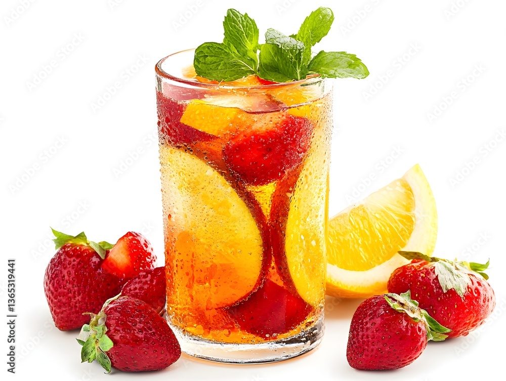Refreshing iced tea with strawberries and lemon slices in a tall glass garnished with fresh mint leaves on white background. Refreshing iced tea with strawberries and lemon slices in a tall glass garnished with fresh mint leaves on white background.