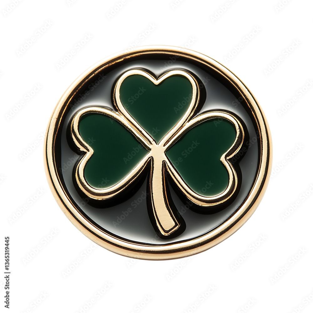 Circular Gold Pin with Green Shamrock Emblem Isolated on Transparent Background Circular Gold Pin with Green Shamrock Emblem Isolated on Transparent Background