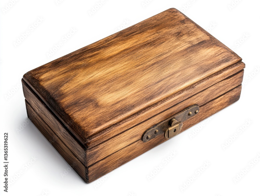 Dark Brown Wooden Rectangular Box with Metal Clasp on White Background