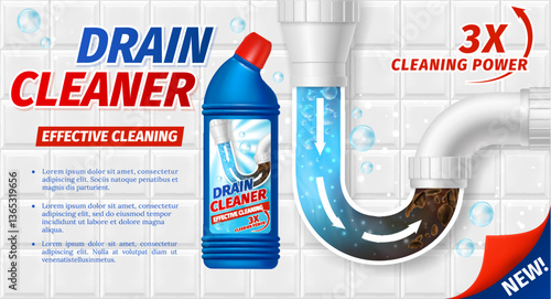 Clog drain pipe cleaner, bathroom sink detergent vector ads poster. Cleanser bottle near clogged basin siphon on bathroom tiles background. Realistic 3d package promo mockup for brand advertising