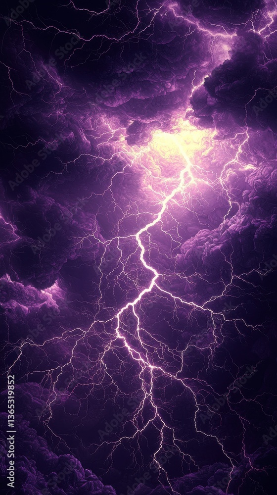Obraz premium A dramatic image of a lightning bolt striking through a stormy sky. The lightning bolt is bright white against a backdrop of dark purple clouds, creating a sense of power and danger.
