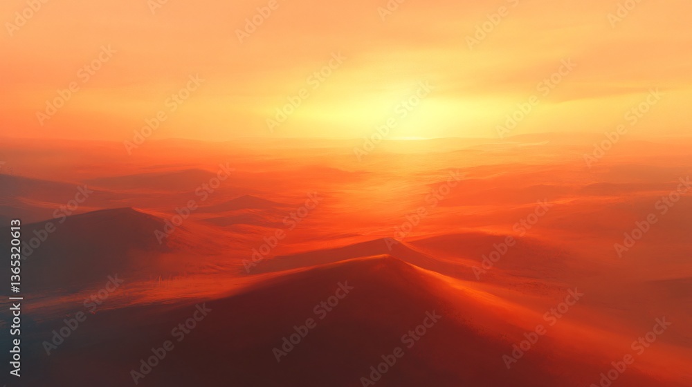 An orange sunrise illuminating desert dunes under a vibrant colored sky An orange sunrise illuminating desert dunes under a vibrant colored sky