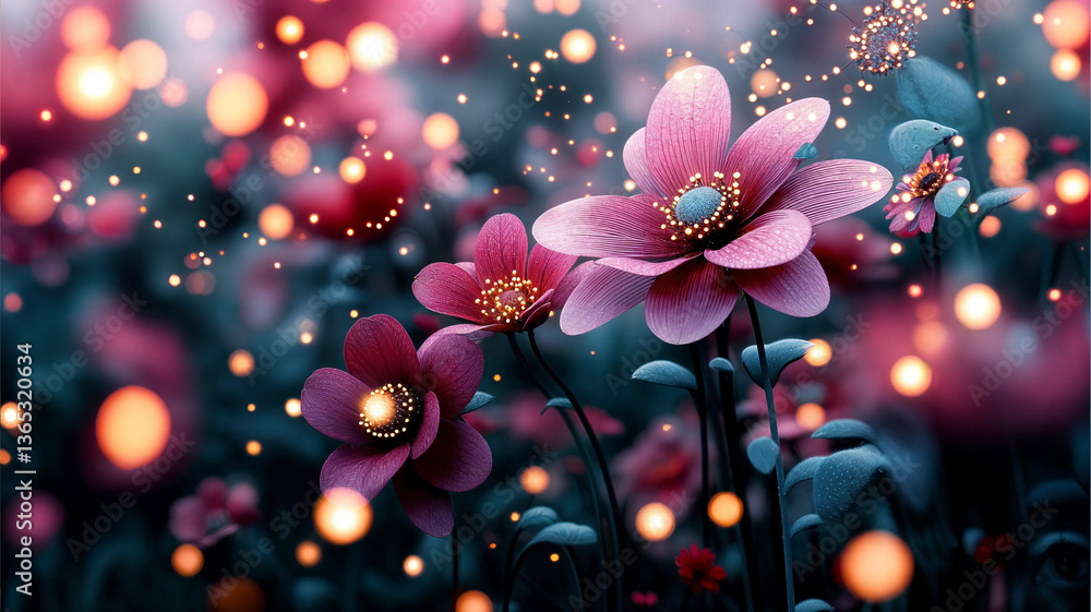 Delicate, detailed flowers in shades of pink and deep purple, bathed in a soft glow.