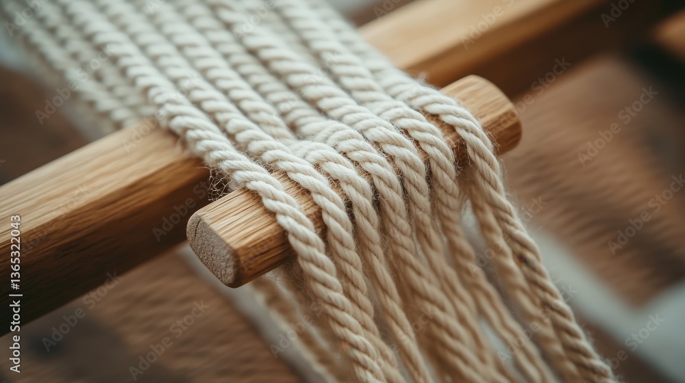 A close-up view of tightly wound ropes on a wooden loom, showcasing intricate detailing and craftsmanship in textile design. A close-up view of tightly wound ropes on a wooden loom, showcasing intricate detailing and craftsmanship in textile design.