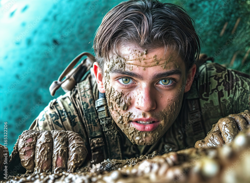 Close-up view of a recruit during a challenging obstacle course, showcasing grit and resilience.