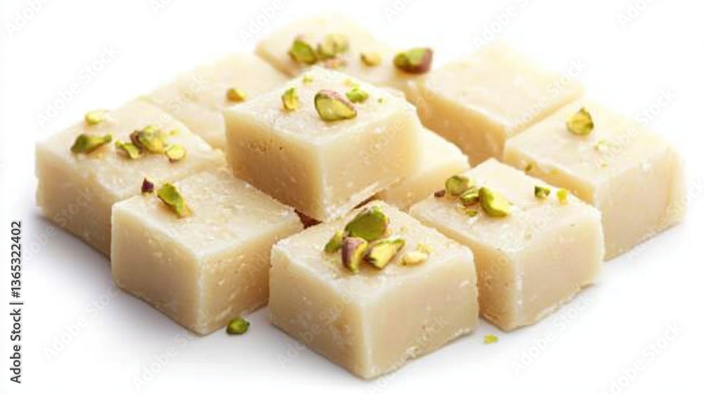 Close-up of creamy, cubed dessert topped with pistachios. Close-up of creamy, cubed dessert topped with pistachios.