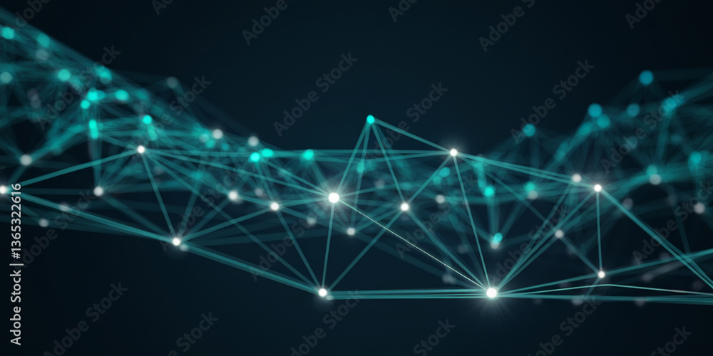 Fototapeta premium Abstract teal network, glowing nodes connected by lines on dark background, representing digital connection, technology, or data flow, ideal for tech or science concepts