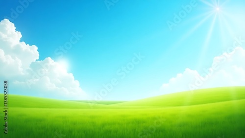 Serene green field under bright sun blue sky and