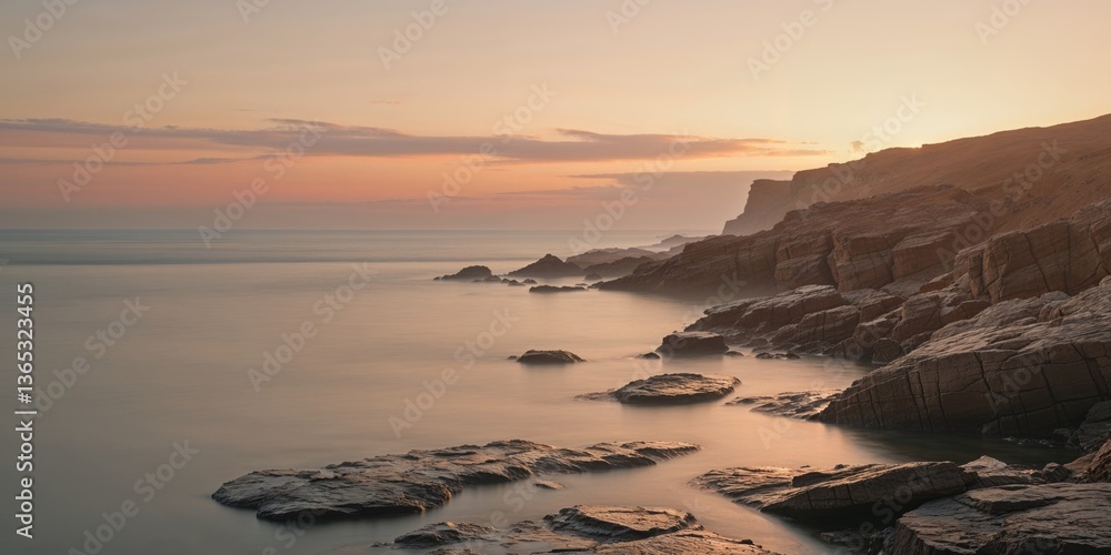 Fototapeta premium Sunset at rocky coastline with serene water and golden sky during twilight