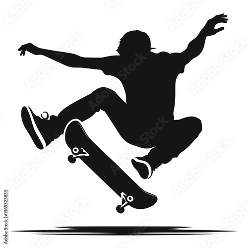 Stylized silhouette of a skateboarder in mid-air performing a trick in black
