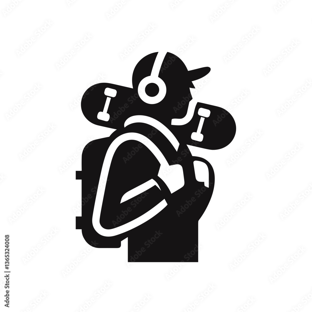 Stylized silhouette of a person with headphones, backpack, and skateboard in black and white