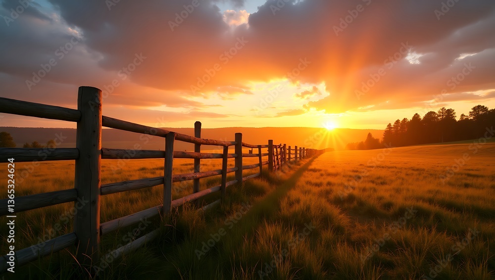 Golden sunset over idyllic field wooden fence warm Golden sunset over idyllic field wooden fence warm