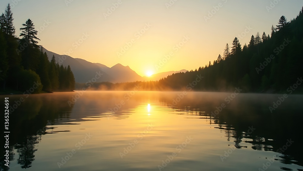 Fototapeta premium Serene sunrise lake mist golden hour calm