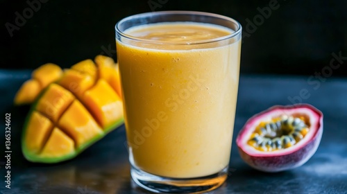 Fresh mango and passion fruit smoothie served in a clear glass with vibrant tropical fruits nearby