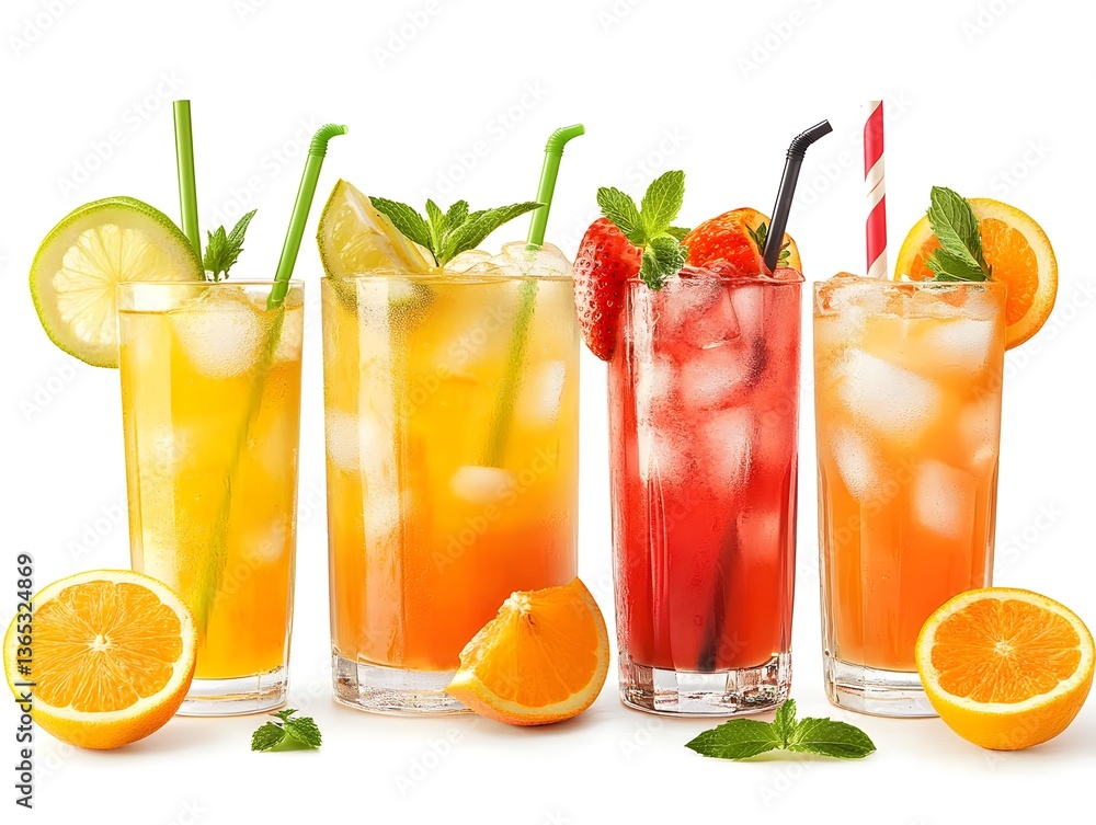 Four refreshing iced fruit drinks with ice cubes and garnishes are displayed in tall glasses against a white background. Four refreshing iced fruit drinks with ice cubes and garnishes are displayed in tall glasses against a white background.