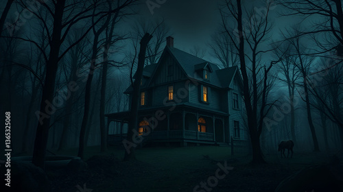 Haunted House in Eerie Forest at Night