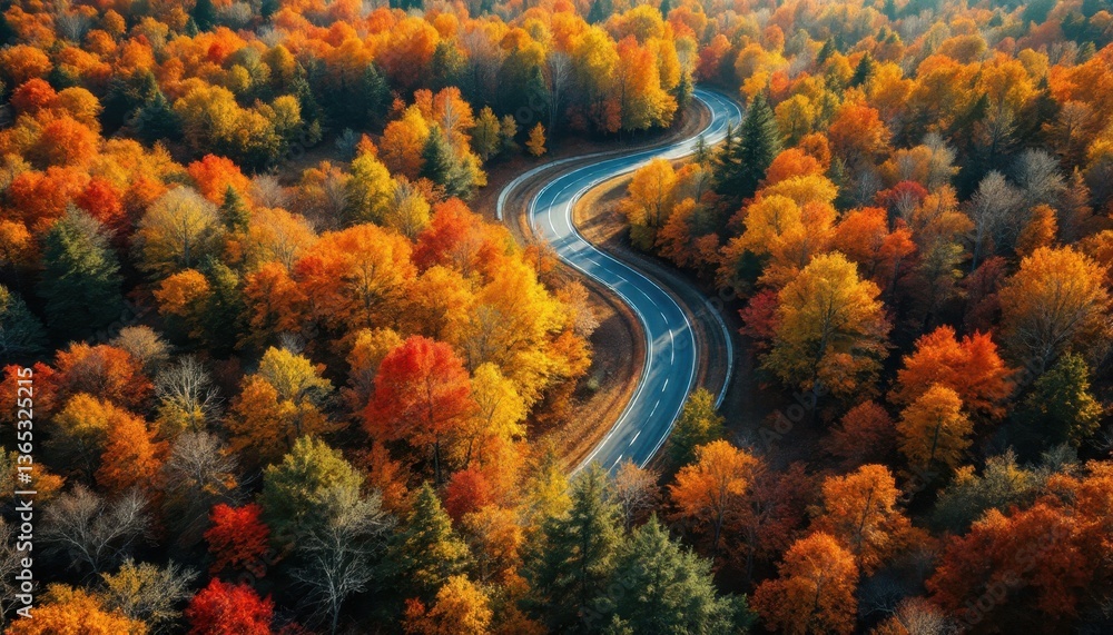Obraz premium Winding road through vibrant autumn forest with colorful foliage