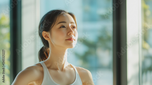 Free Download 朝のルーティンで伸びをする日本人女性・窓辺の自然光と清らかな空間 - GFXLoad