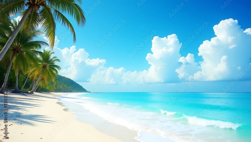 Serene tropical beach sunny sky white sand palm Serene tropical beach sunny sky white sand palm