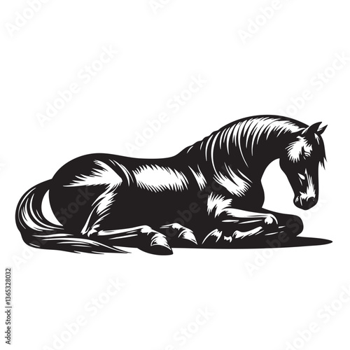 Majestic Black Horse Resting: Elegant Equine Silhouette in Monochrome