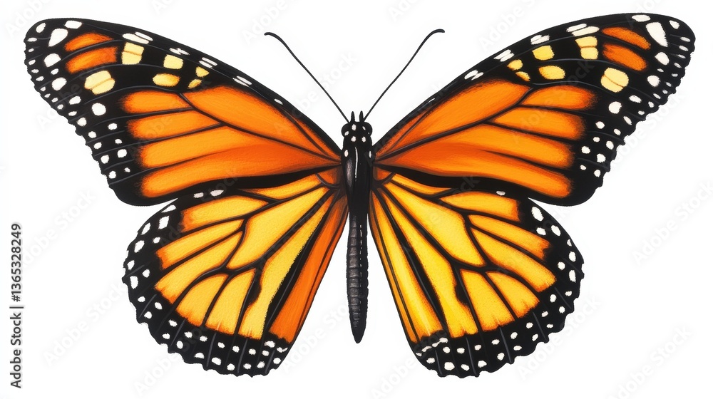 Fototapeta premium The striking orange-and-black stripes of a monarch butterfly in flight