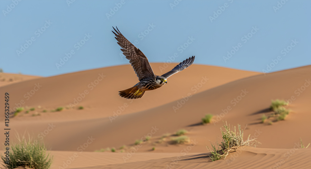 Naklejka premium Majestic lanner falcon soars gracefully above arid desert landscape