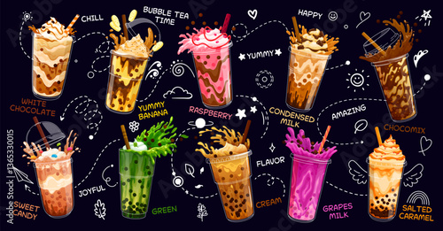 Cartoon milk bubble tea glasses with drink splash. Vector set of flavors like white chocolate, yummy banana, raspberry and condensed milk. Chocomix, sweet candy, green, cream, grapes or salted caramel