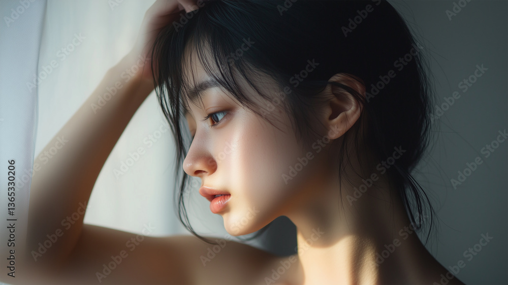 Fototapeta premium 鏡前で髪を整える日本人女性・ノースリーブ姿の横顔に映る日常美