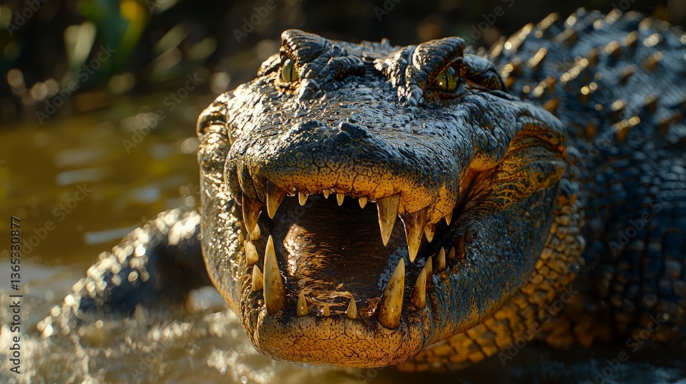 Obraz premium Alligator in Marsh, Open Jaws, Close-Up