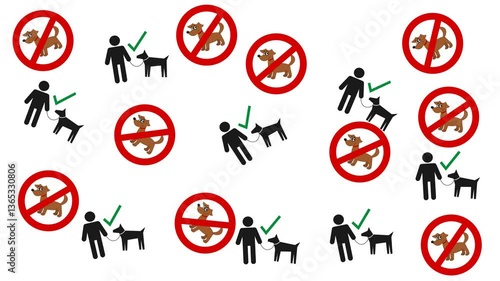 Dog walking on a leash, do not unleash your dog on white and green background - animation