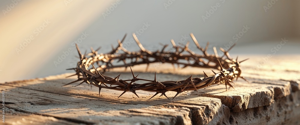 Symbolic representation of sacrifice with a crown of thorns resting on rugged wood illuminated by warm light Symbolic representation of sacrifice with a crown of thorns resting on rugged wood illuminated by warm light