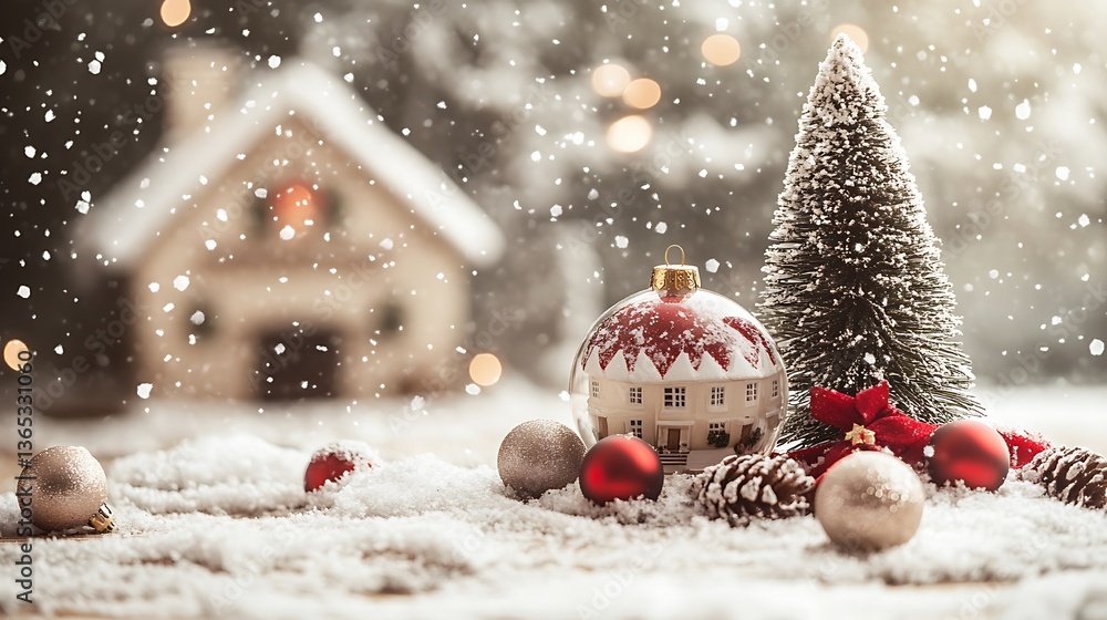 Obraz premium Festive Christmas scene with snow decorations and a small house
