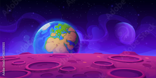 View of earth and alien planet surface landscape for galaxy fantasy, vector background. Purple planet surface with craters and view on earth planet in starry sky among galaxy stars in outer space
