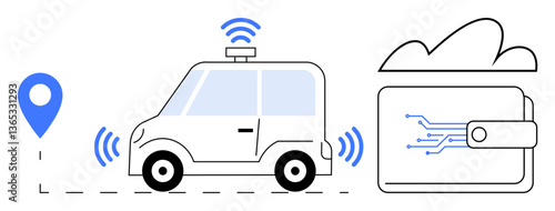 Self-driving car with GPS location pin, wireless signals, and cloud wallet for transactions. Ideal for smart transport, automation, technology, IoT, navigation fintech innovation. Flat simple