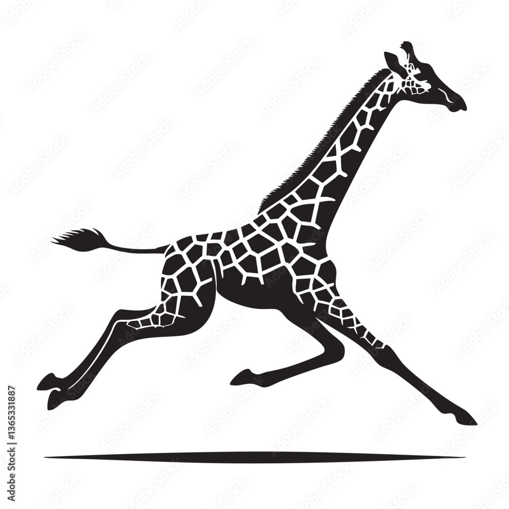 Running Giraffe: A Black and White Silhouette of a Graceful Animal in Motion Running Giraffe: A Black and White Silhouette of a Graceful Animal in Motion