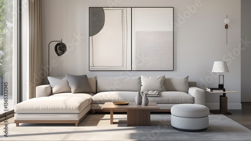 A contemporary living room with a sleek sectional sofa, a statement coffee table, and ambient lighting. Neutral tones accented with rich textures and modern artwork