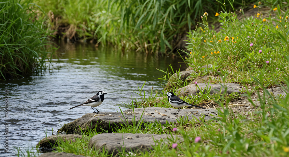 Obraz premium Pair of wagtails by tranquil stream, nature scene with vibrant greenery