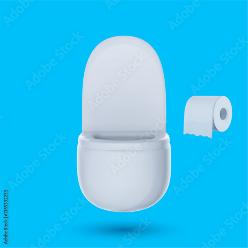 White ceramic open wall hung toilet bowl with paper roll in realistic 3d style. Elements design for bathroom isolated on blue background. Modern vector illustration.