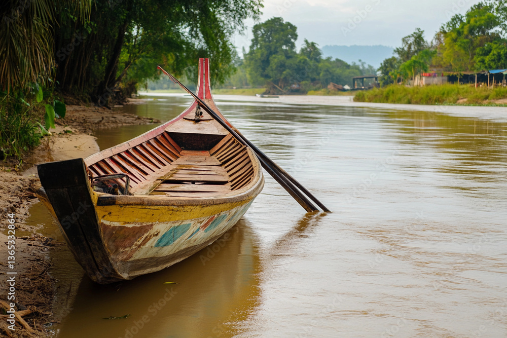 Obraz premium Tranquil boat resting by the riverbank under a bright sky on a sunny day