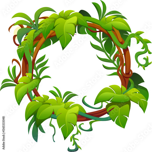 African rain forest jungle ivy liana twig frame. African rainforest jungle vine shrub round frame, tropical forest flora creeper fern twig vector banner. Rain forest climbing plant leaves border