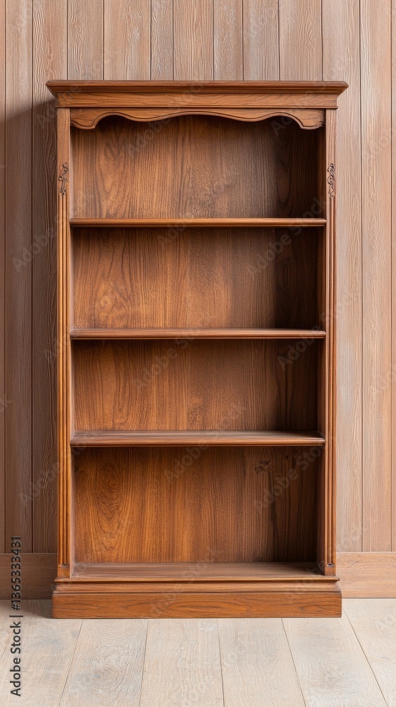 Tall Empty Wooden Bookcase Against Rustic Wood Background Tall Empty Wooden Bookcase Against Rustic Wood Background