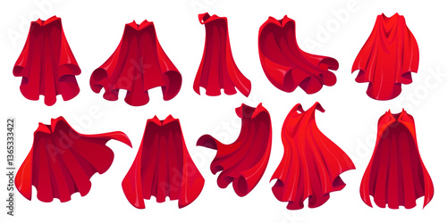 Red superhero cape, hero coat cloak and magic carnival mantle. Vector set of cartoon crimson colored defender drapery or party costumes, embodying superpowers, heroism, mystery, courage and adventure