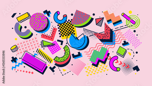 Abstract memphis shapes background of modern graphic elements. Vector color line circles, squares and triangles geometric shapes with abstract memphis pattern. Trendy minimal geometric background