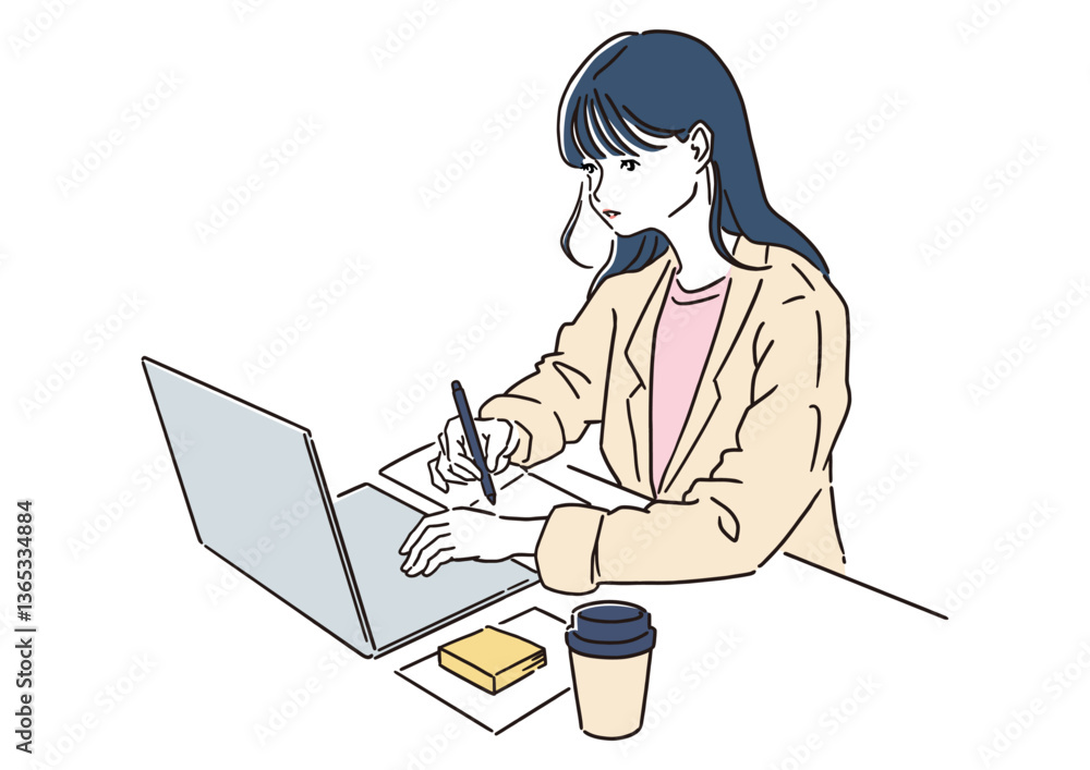 ノートPCで作業する女性 - リモートワーク、オフィスワークのイラスト