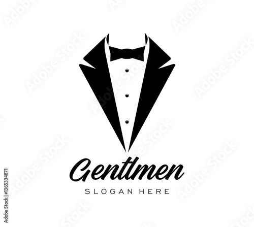 Black tuxedo suit icon. Vector black and white emblem featuring a tuxedo with bow tie, symbolizing elegance, sophistication and formal attire. Label represents luxury men fashion and premium services
